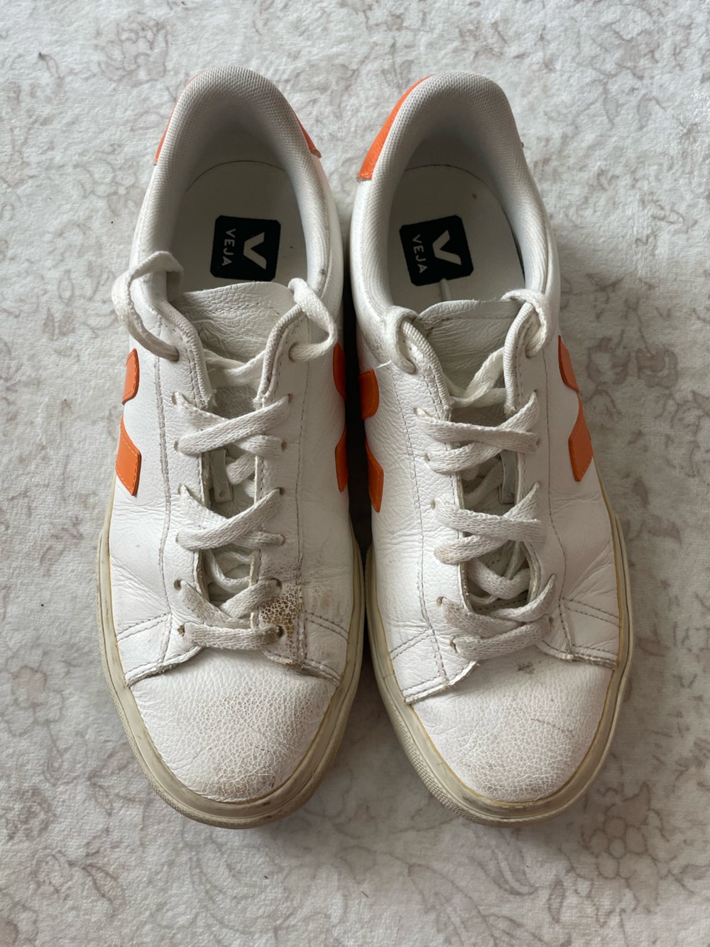 Veja White Leather Sneakers with Orange Accent - Picture 4 of 9
